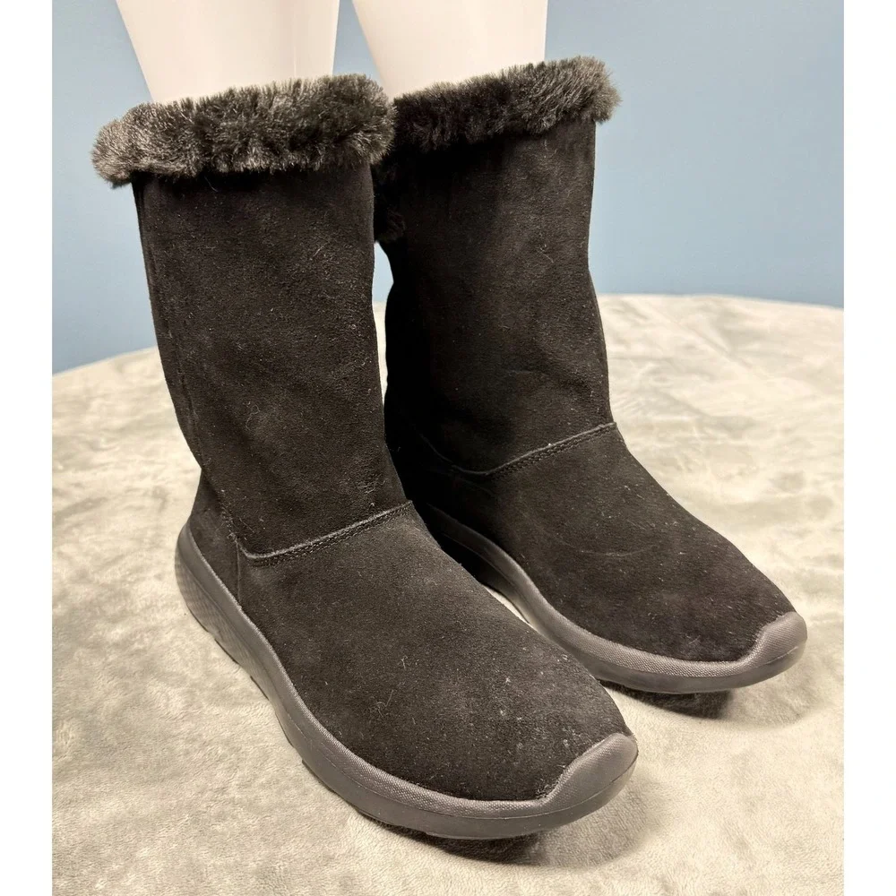 Skechers Womens Faux Suede Winter Boots Size 6 Black Faux Fur Trim Mid Calf